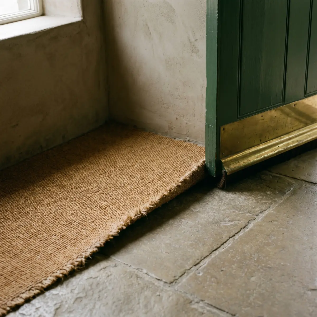 Vestibule floor transition and door sweep observed in quiet light