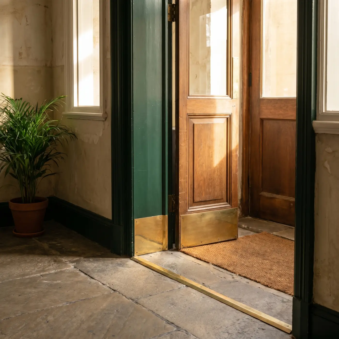 Quiet vestibule floor transition and door sweep shadow