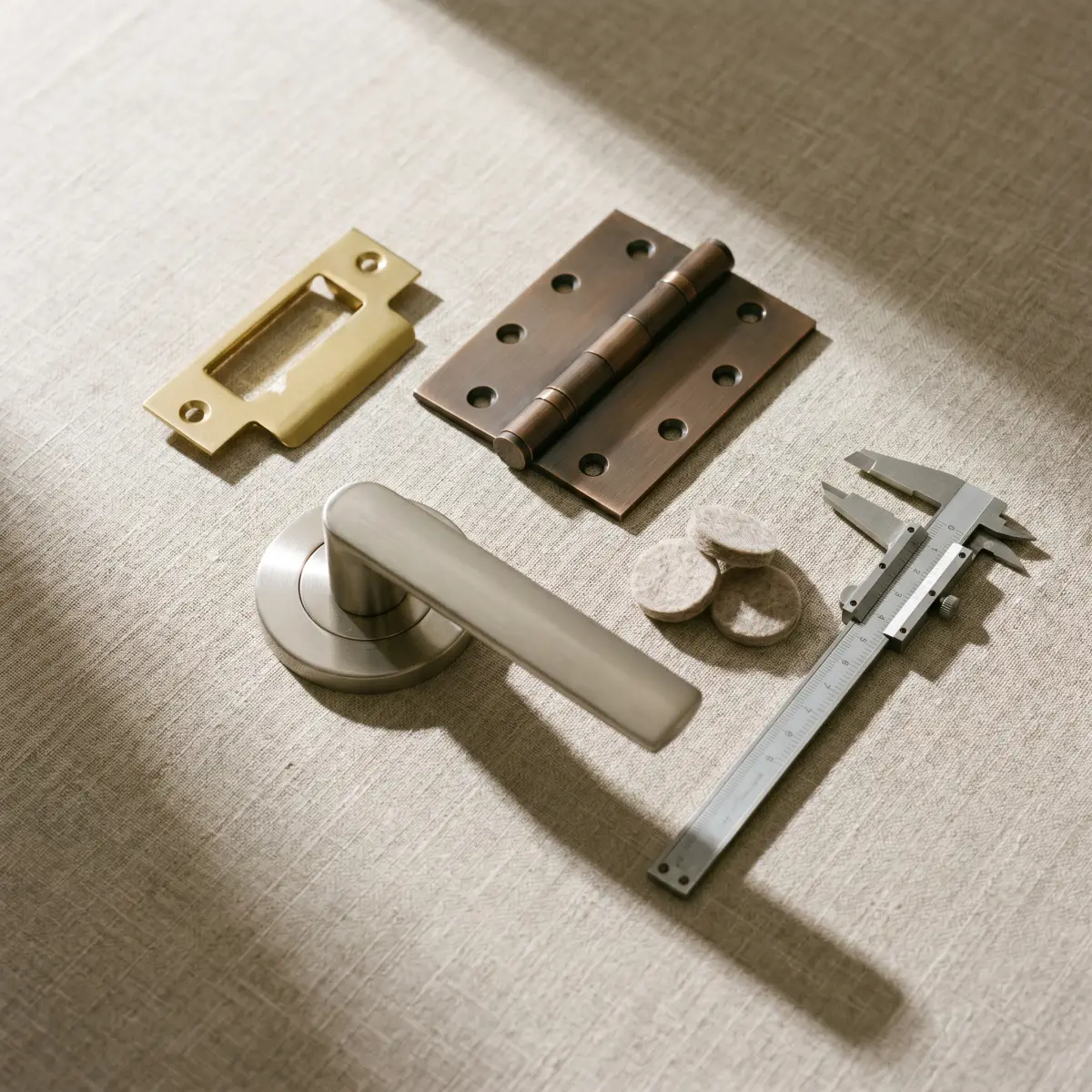 Door hardware samples arranged on a work surface